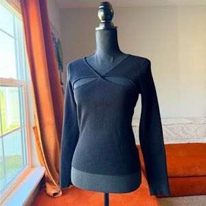 Lulu's Black Ribbed Long Sleeve Top with Subtle Chest Cutout